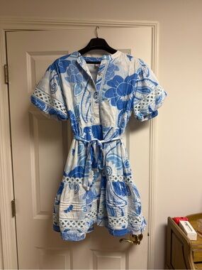 Blue Floral Tiered Midi Dress with Tie Belt